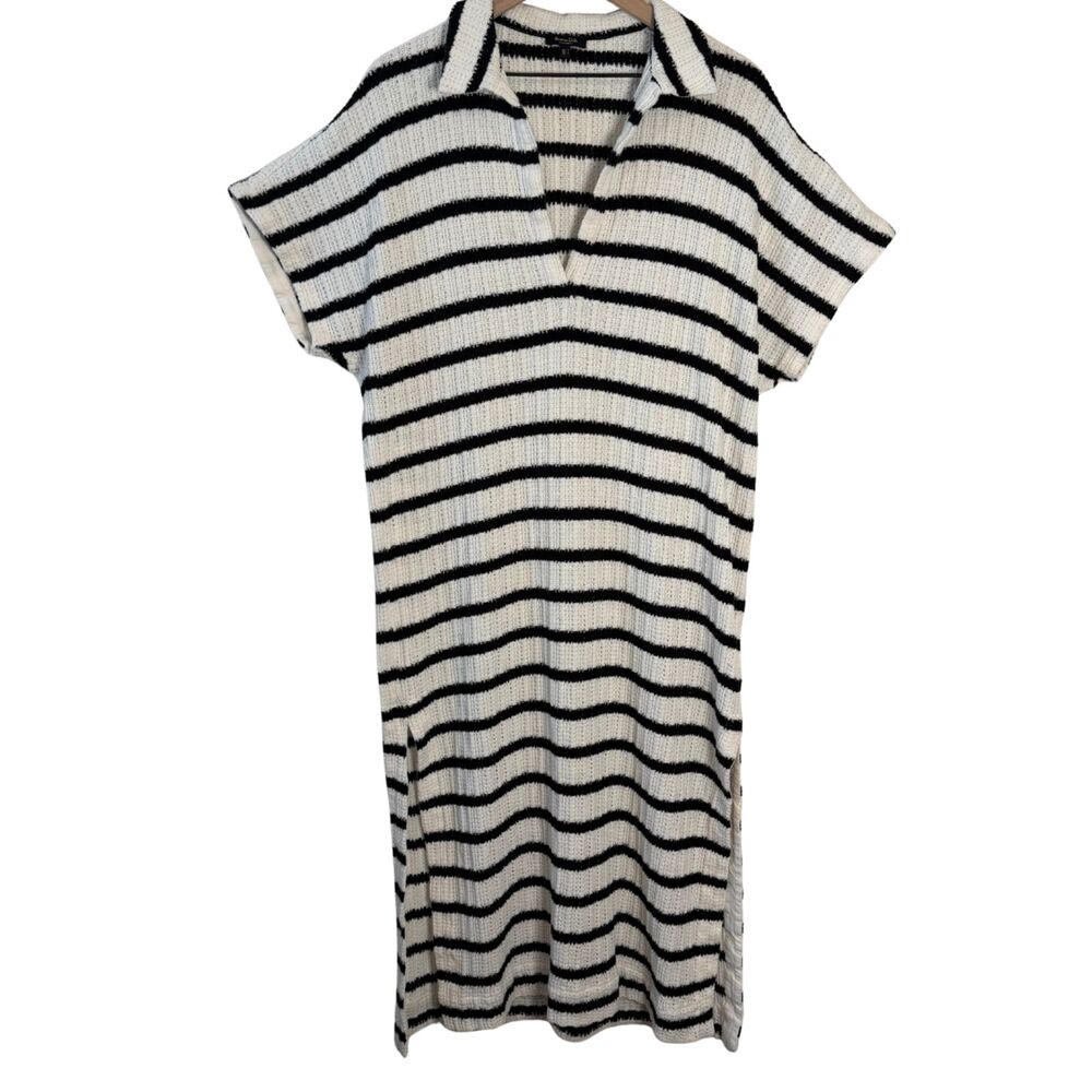 Massimo Dutti Textured Striped Cotton Short Sleeve Midi Knit Polo Dress Sz L